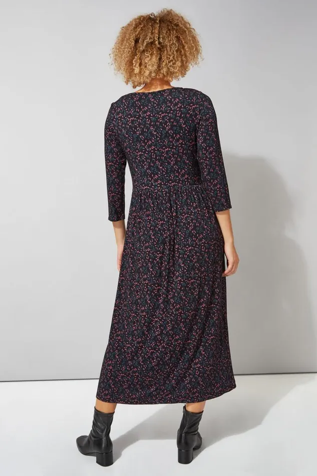 Women Black Ditsy Print 34 Sleeve Midi Dress Roman Dresses
