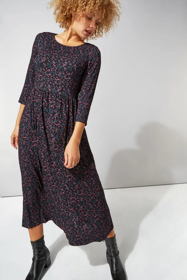Women Black Ditsy Print 34 Sleeve Midi Dress Roman Dresses