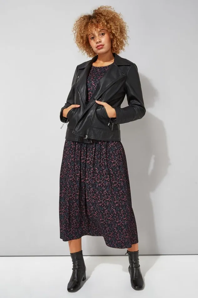 Women Black Ditsy Print 34 Sleeve Midi Dress Roman Dresses