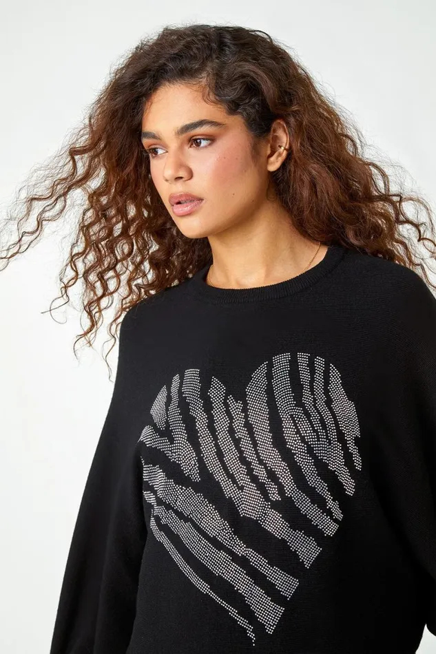 Women Black Embellished Heart Print Jumper Roman Knitwear
