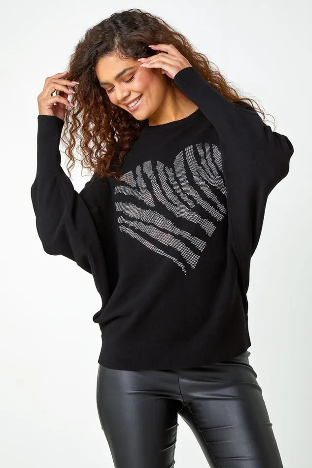 Women Black Embellished Heart Print Jumper Roman Knitwear