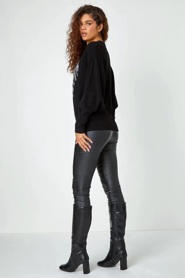 Women Black Embellished Heart Print Jumper Roman Knitwear