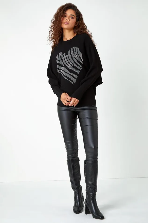 Women Black Embellished Heart Print Jumper Roman Knitwear