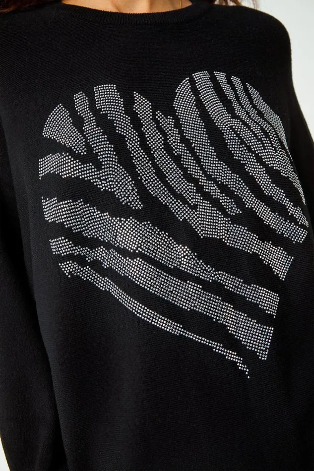 Women Black Embellished Heart Print Jumper Roman Knitwear