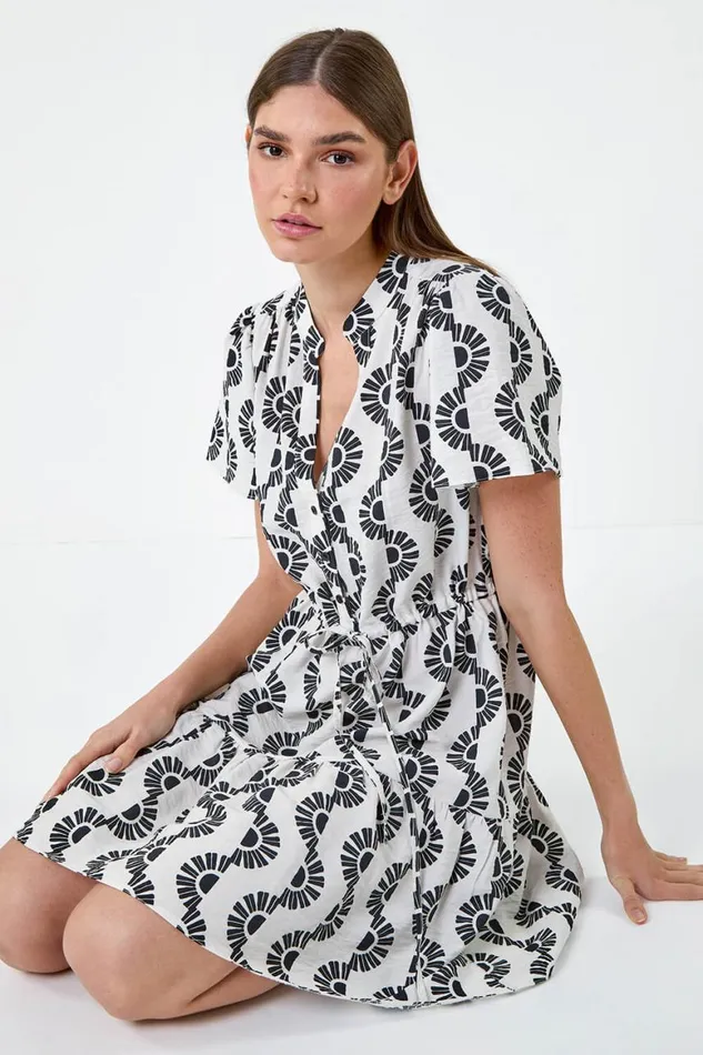 Women Black Fan Print Frill Hem Shirt Dress Roman Dresses