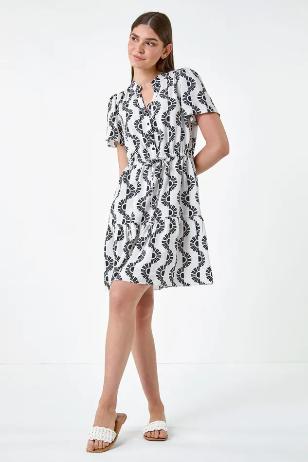 Women Black Fan Print Frill Hem Shirt Dress Roman Dresses