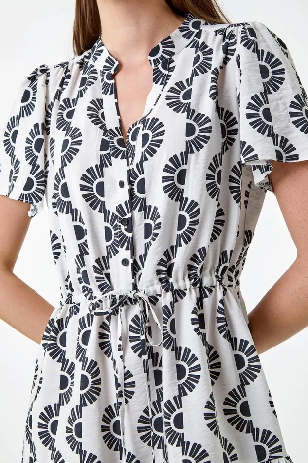 Women Black Fan Print Frill Hem Shirt Dress Roman Dresses