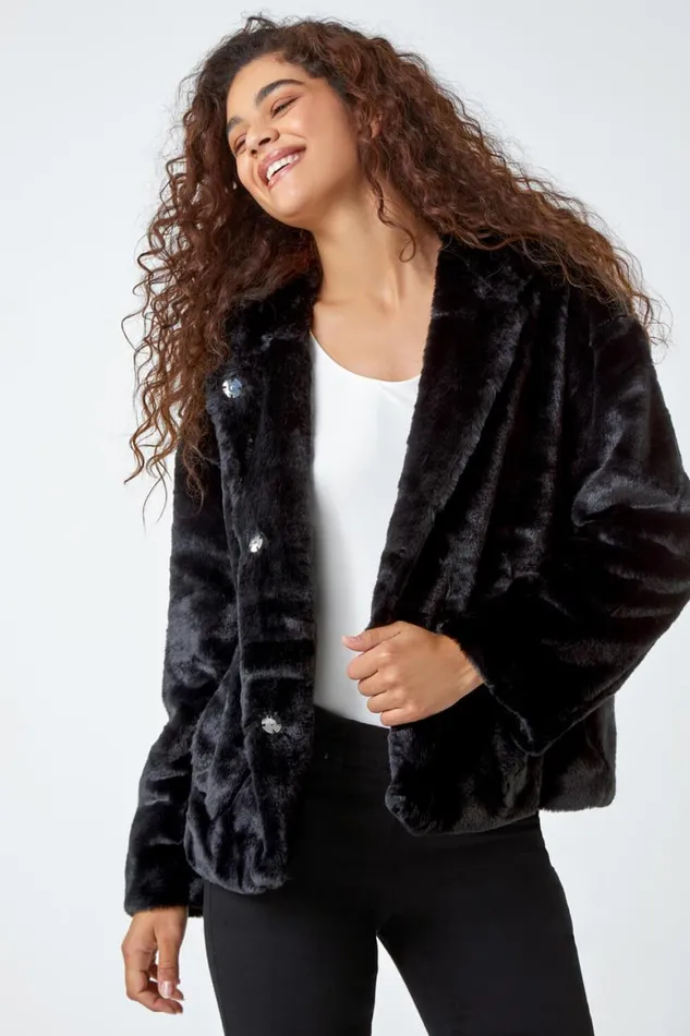Women Black Faux Fur Hooded Jacket Roman Jackets