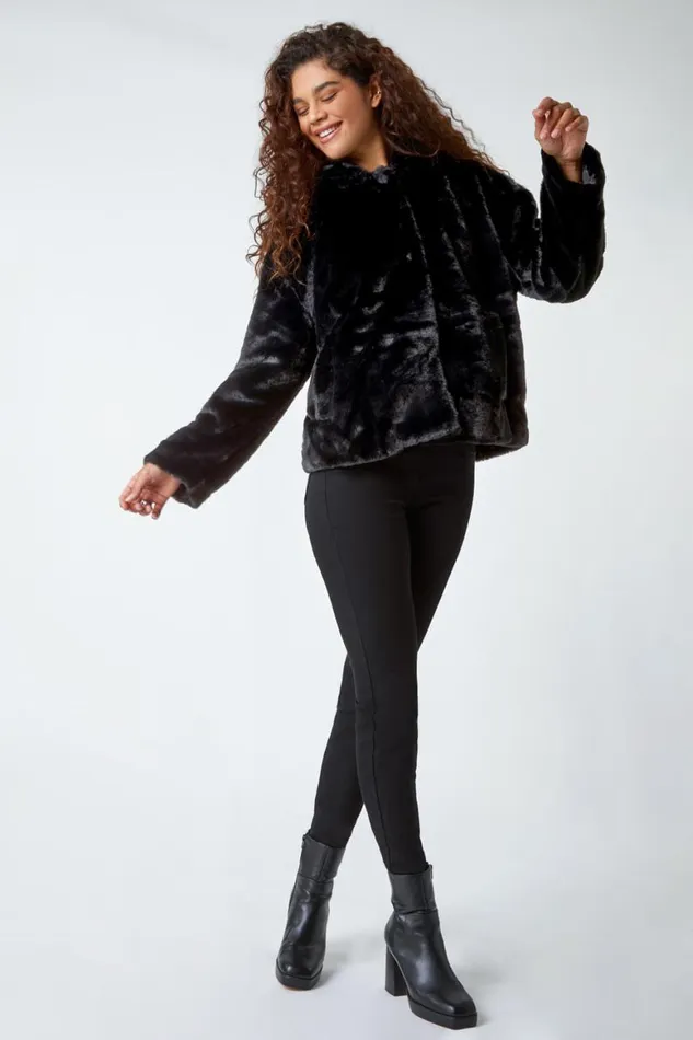 Women Black Faux Fur Hooded Jacket Roman Jackets