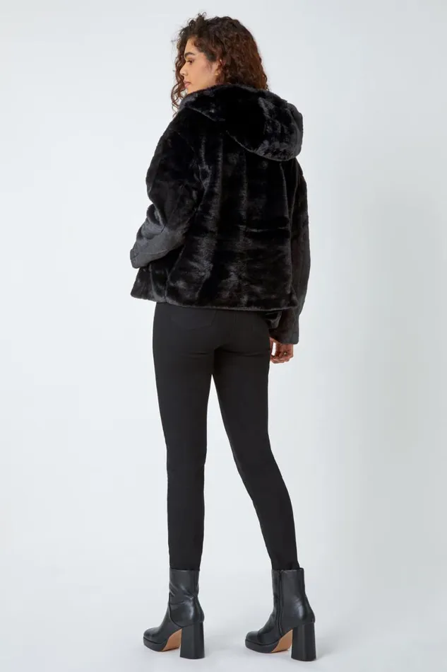Women Black Faux Fur Hooded Jacket Roman Jackets