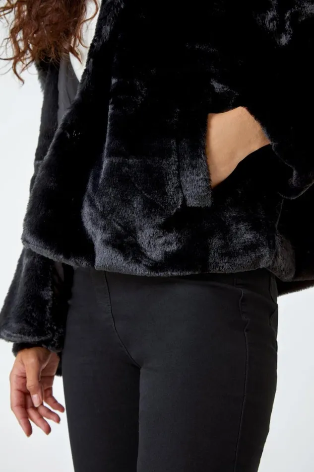Women Black Faux Fur Hooded Jacket Roman Jackets