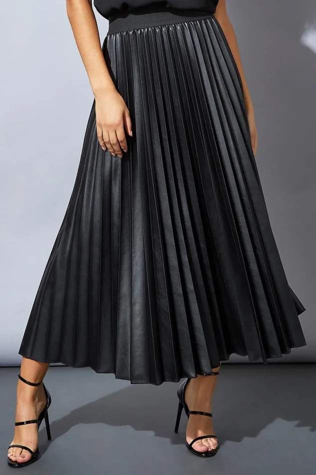 Women Black Faux Leather Pleated Maxi Skirt Roman Skirts