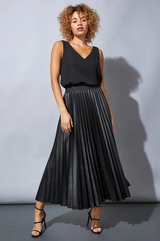 Women Black Faux Leather Pleated Maxi Skirt Roman Skirts
