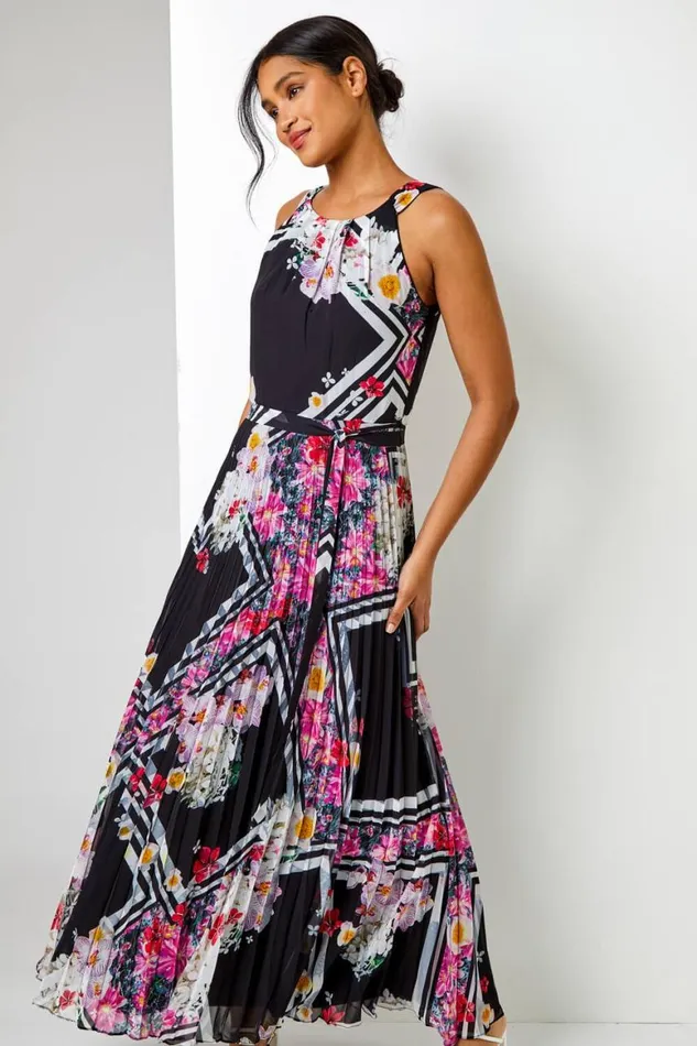 Women Black Floral Border Pleated Chiffon Maxi Dress Roman Dresses