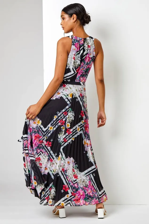 Women Black Floral Border Pleated Chiffon Maxi Dress Roman Dresses