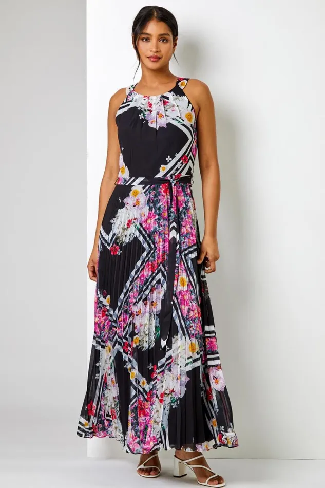 Women Black Floral Border Pleated Chiffon Maxi Dress Roman Dresses