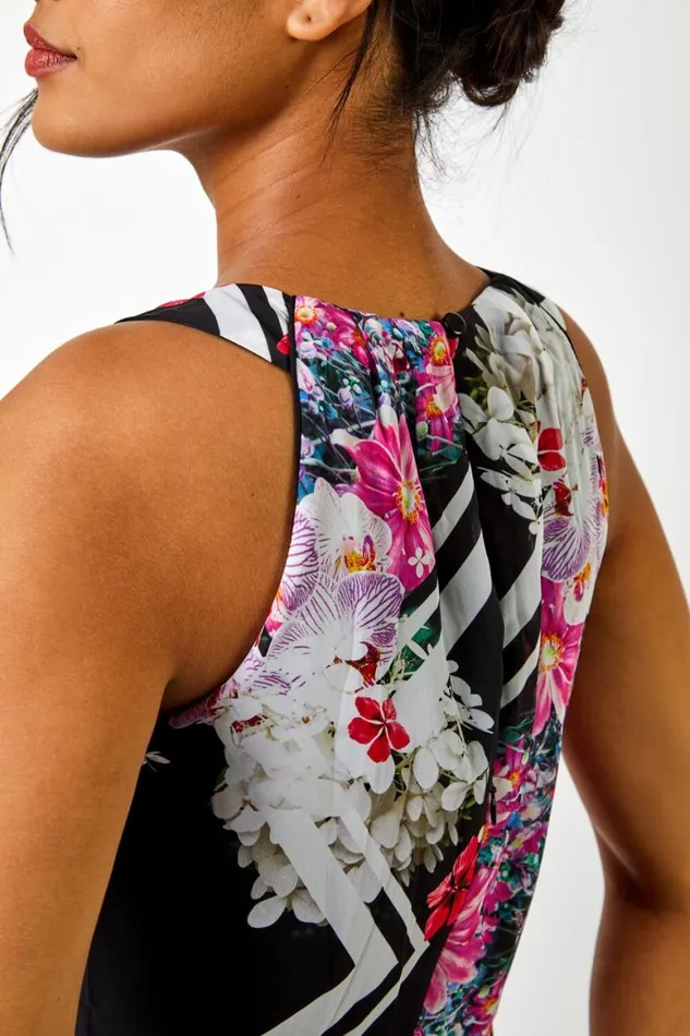 Women Black Floral Border Pleated Chiffon Maxi Dress Roman Dresses