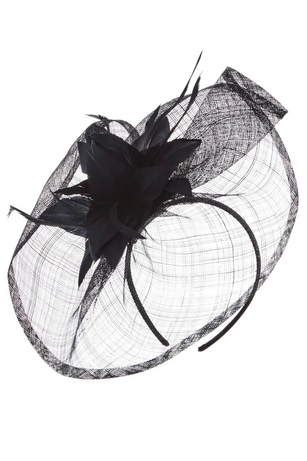 Women Black Floral Feather Veil Disc Fascinator Roman Occasionwear