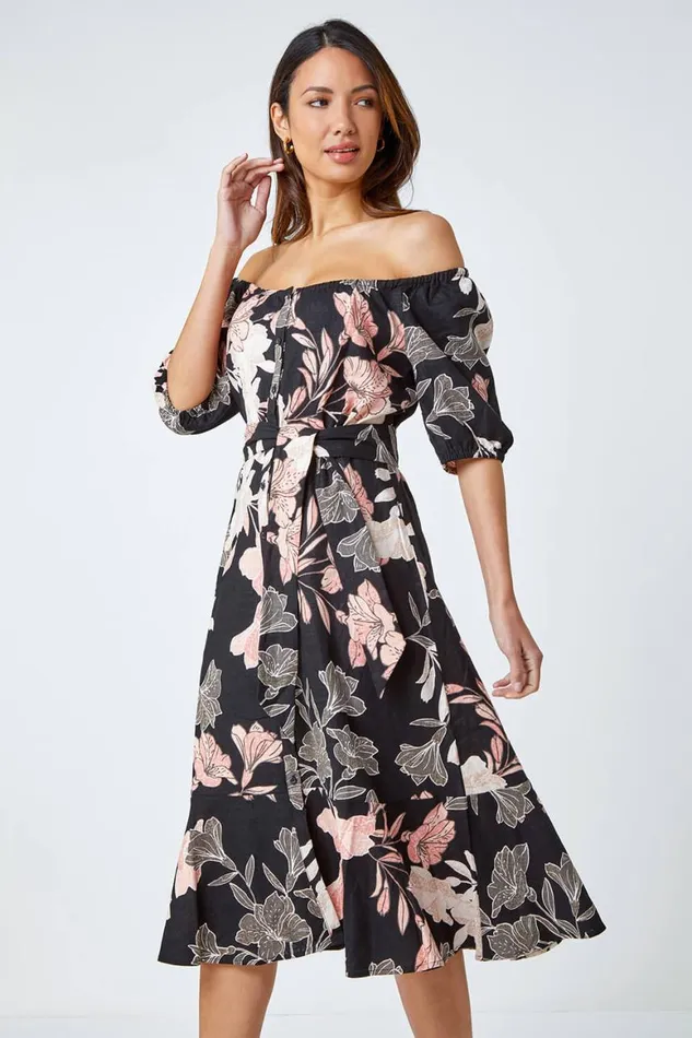 Women Black Floral Linen Blend Bardot Midi Dress Roman Dresses