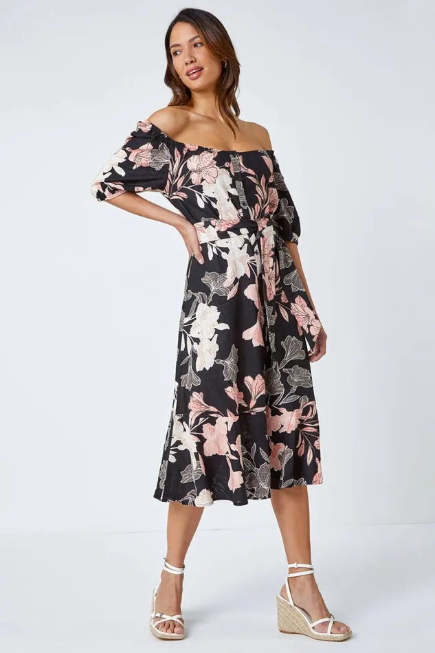 Women Black Floral Linen Blend Bardot Midi Dress Roman Dresses