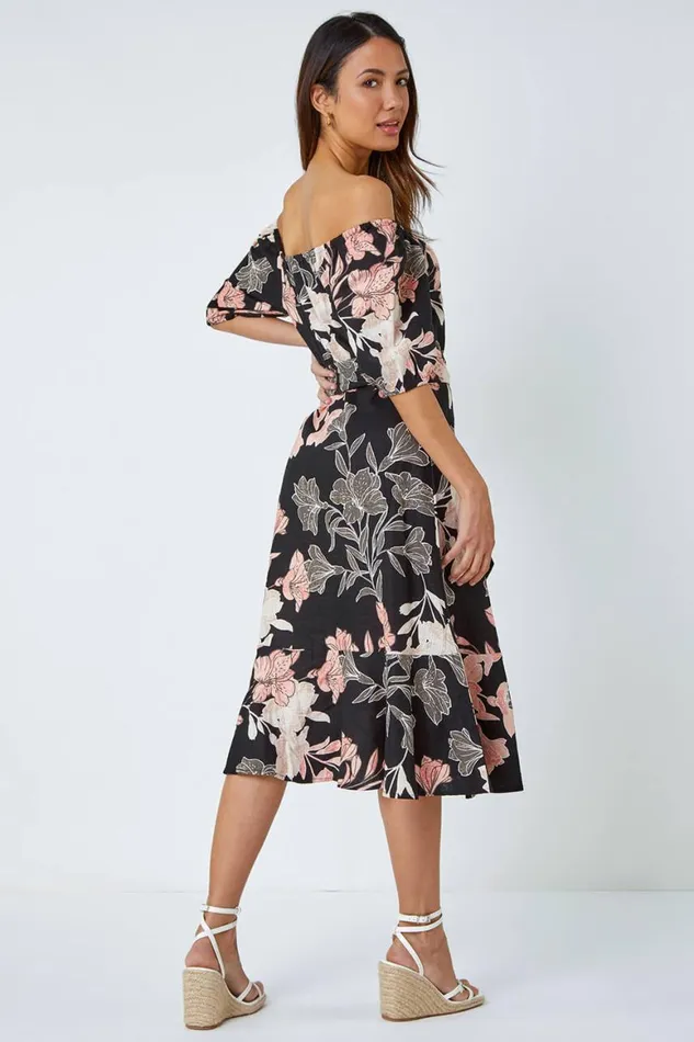 Women Black Floral Linen Blend Bardot Midi Dress Roman Dresses
