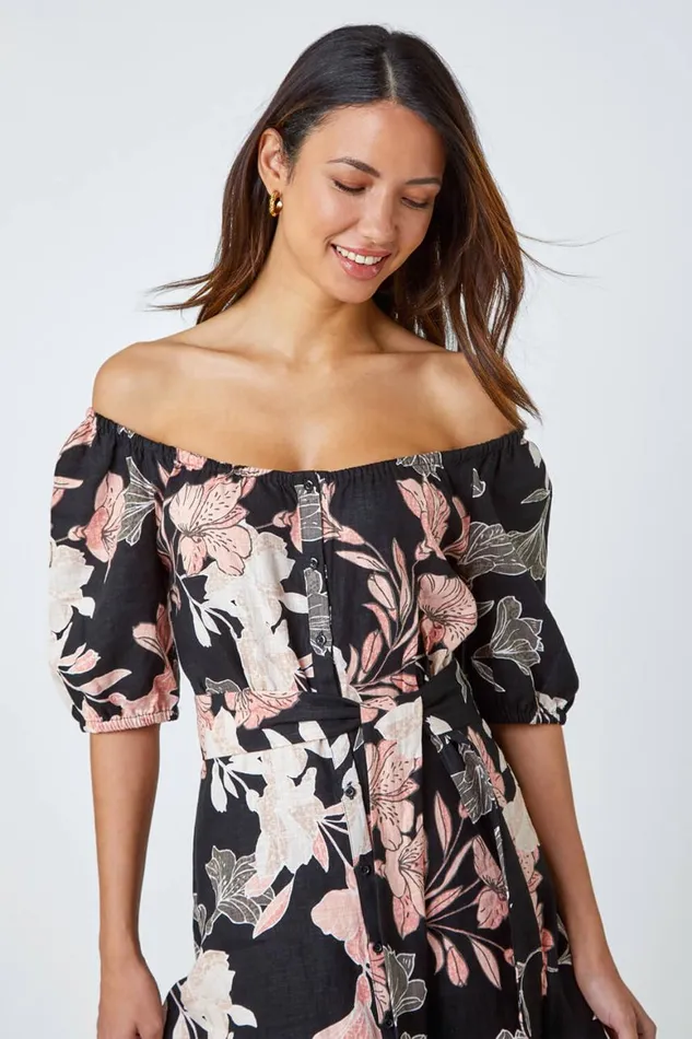 Women Black Floral Linen Blend Bardot Midi Dress Roman Dresses