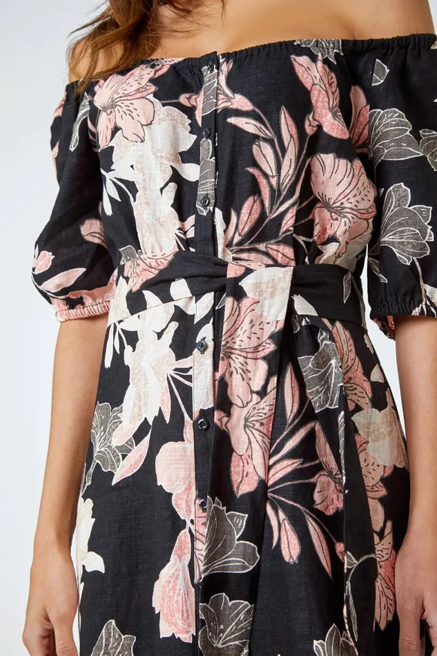 Women Black Floral Linen Blend Bardot Midi Dress Roman Dresses