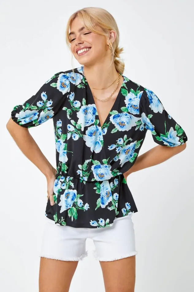 Women Black Floral Peplum Hem VNeck Wrap Top Roman Tops