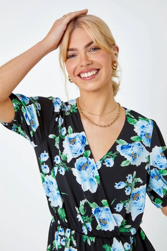 Women Black Floral Peplum Hem VNeck Wrap Top Roman Tops
