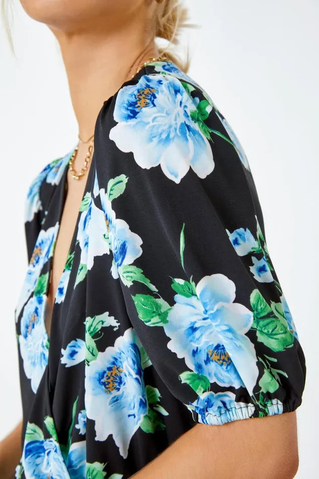 Women Black Floral Peplum Hem VNeck Wrap Top Roman Tops
