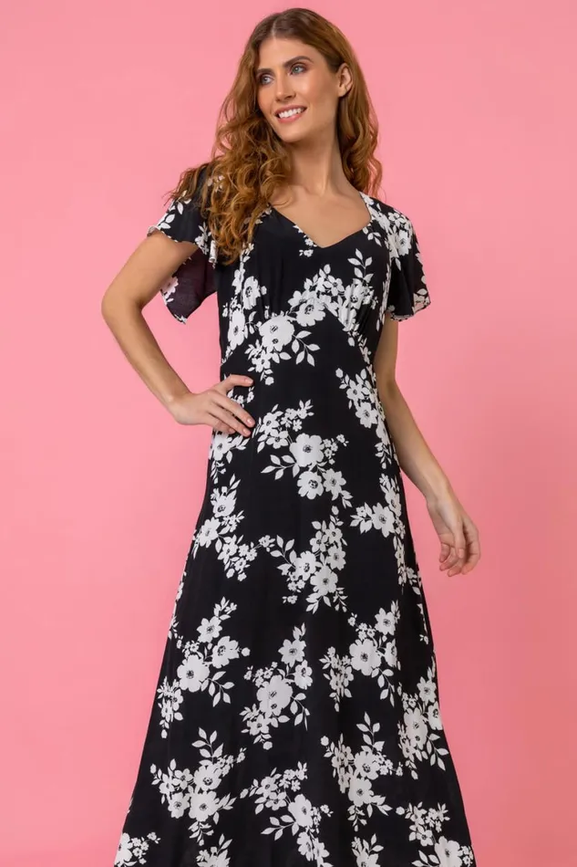 Women Black Floral Print Back Detail Maxi Dress Roman Dresses