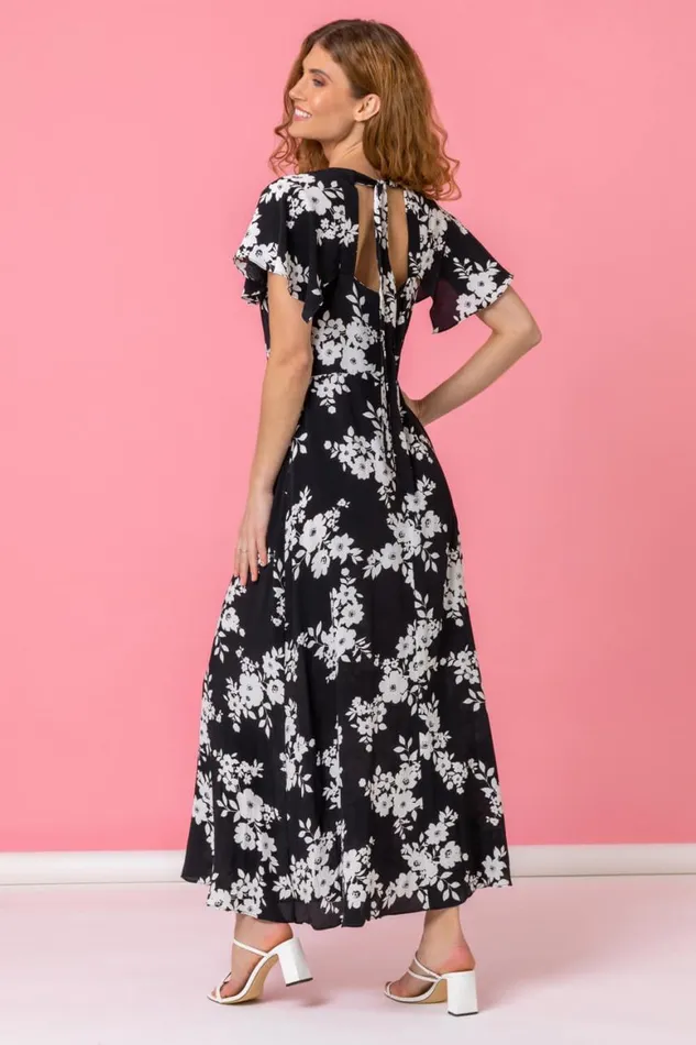 Women Black Floral Print Back Detail Maxi Dress Roman Dresses