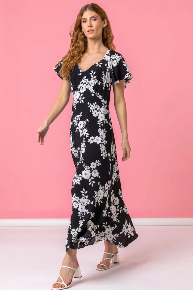 Women Black Floral Print Back Detail Maxi Dress Roman Dresses