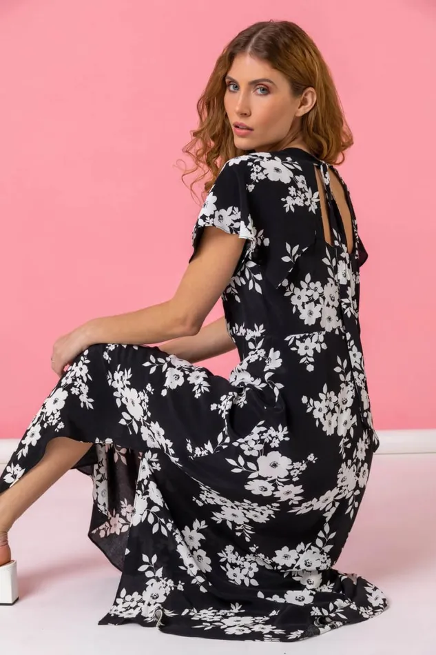 Women Black Floral Print Back Detail Maxi Dress Roman Dresses
