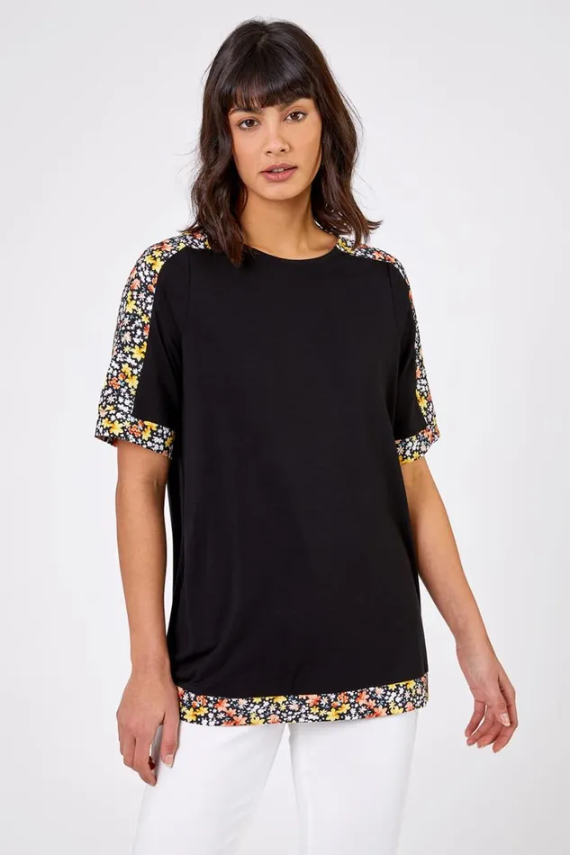 Women Black Floral Print Contrast Jeresey Top Roman Tops