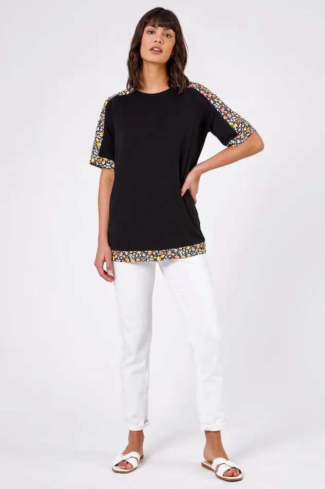 Women Black Floral Print Contrast Jeresey Top Roman Tops