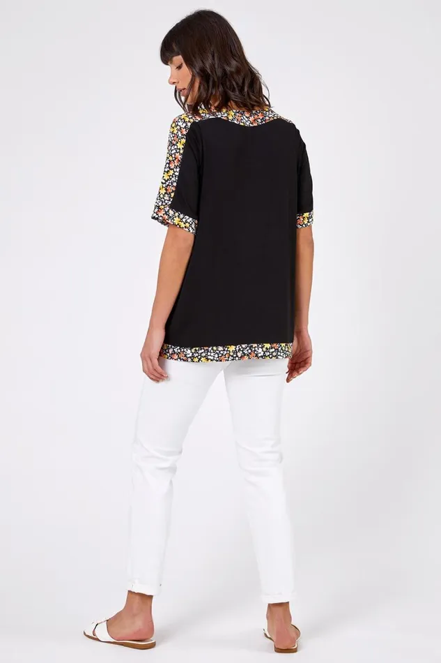 Women Black Floral Print Contrast Jeresey Top Roman Tops