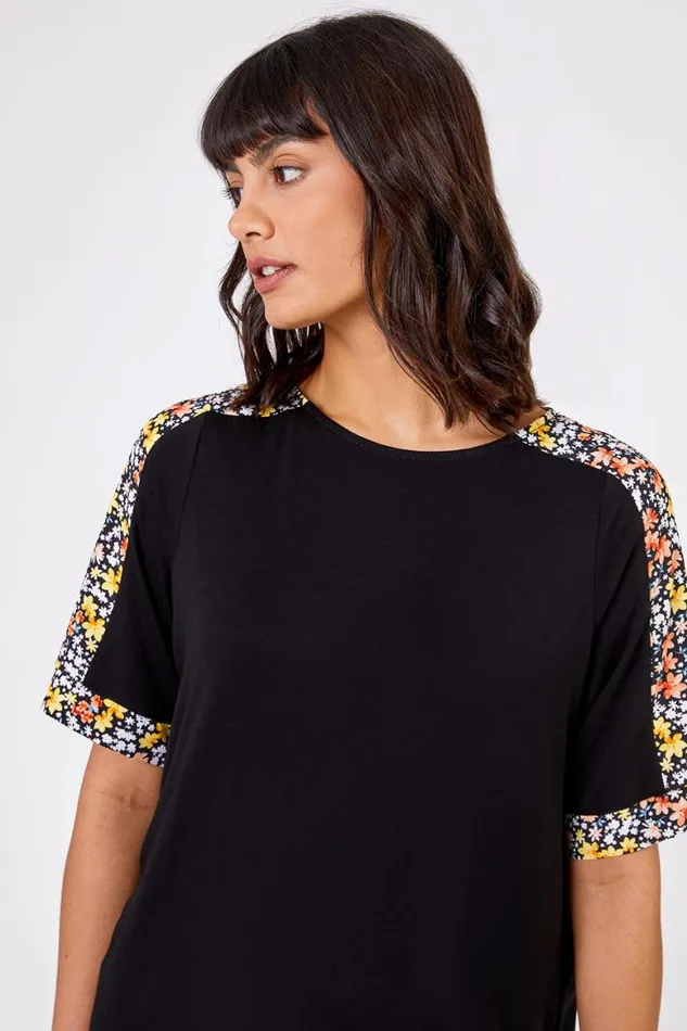 Women Black Floral Print Contrast Jeresey Top Roman Tops