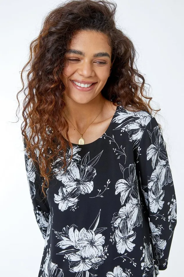 Women Black Floral Print Double Layer Top Roman Tops
