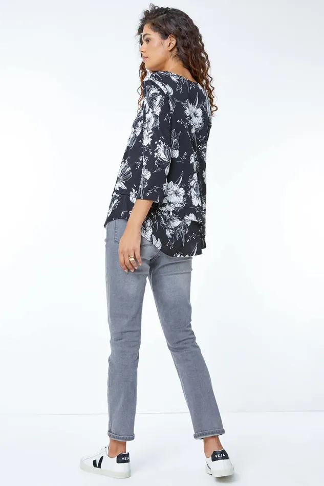 Women Black Floral Print Double Layer Top Roman Tops