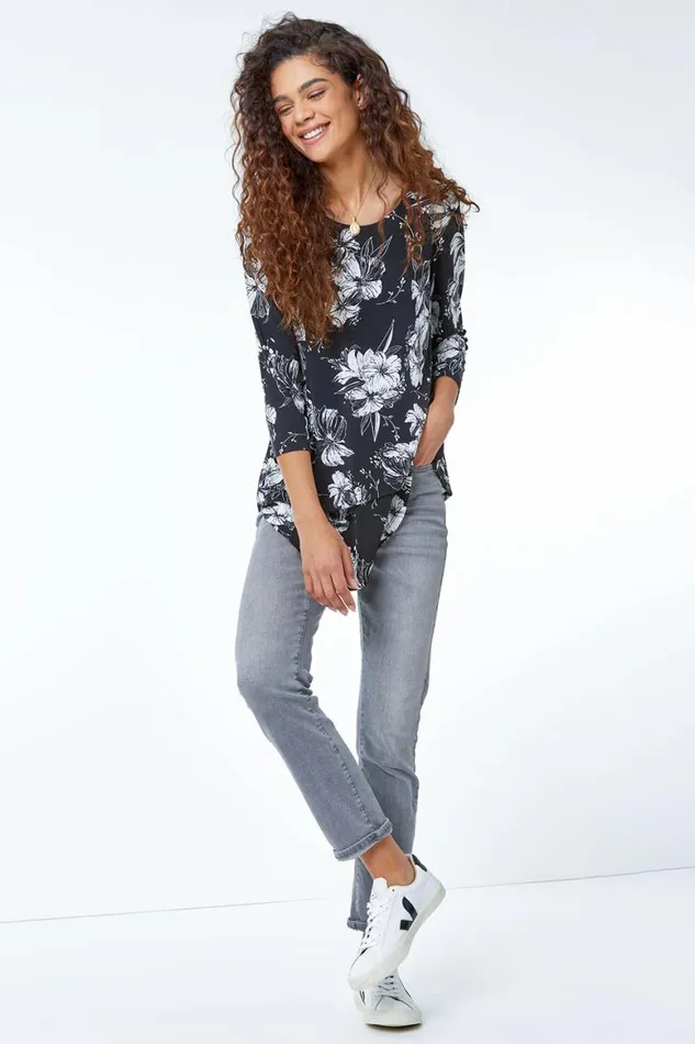 Women Black Floral Print Double Layer Top Roman Tops