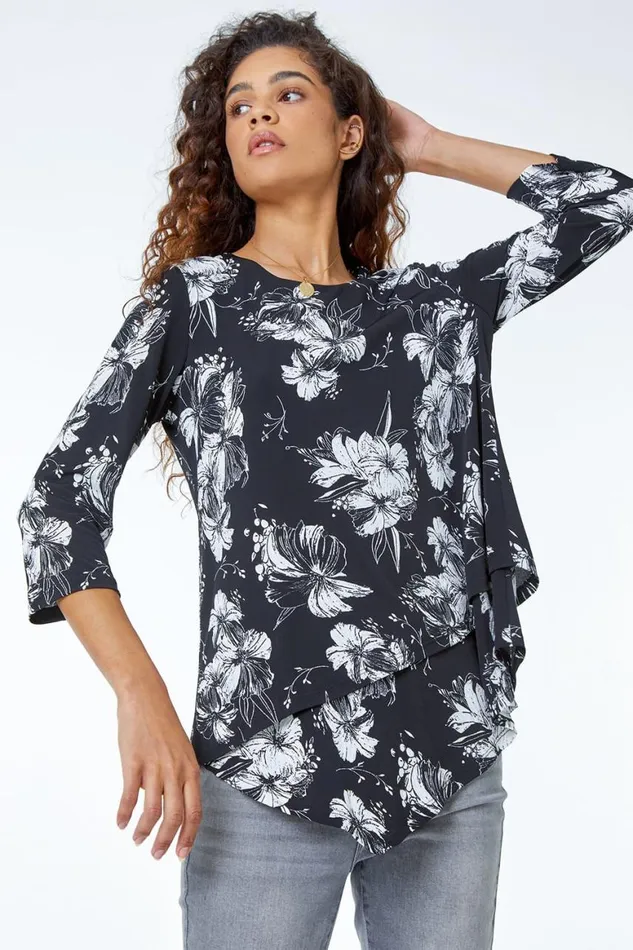 Women Black Floral Print Double Layer Top Roman Tops