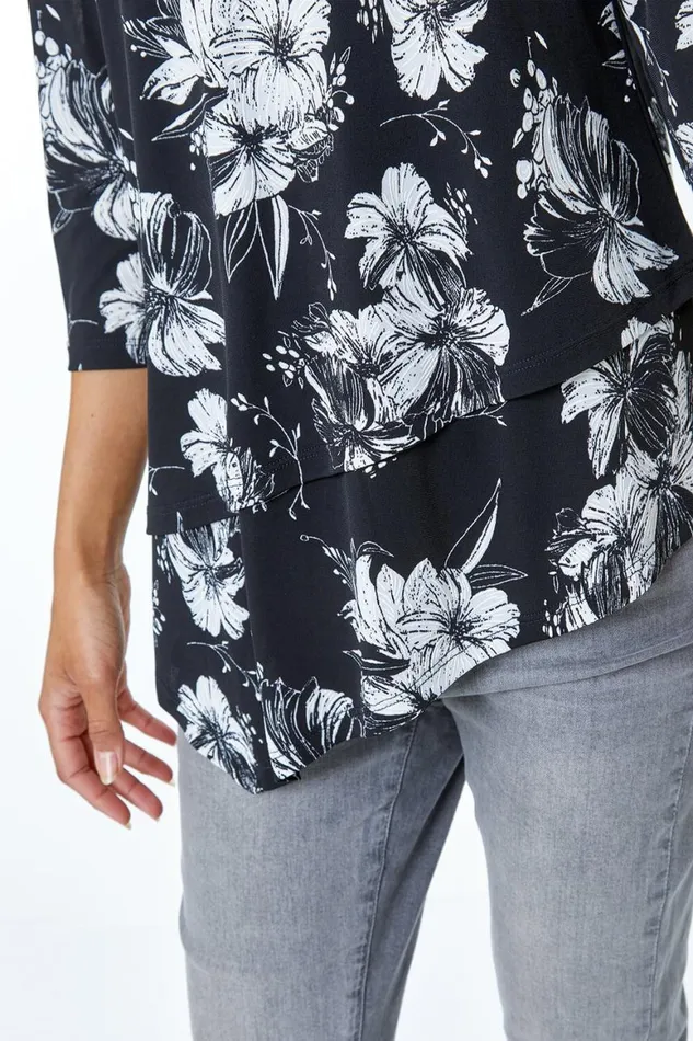 Women Black Floral Print Double Layer Top Roman Tops