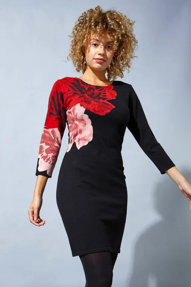 Women Black Floral Print Knitted Dress Roman Dresses