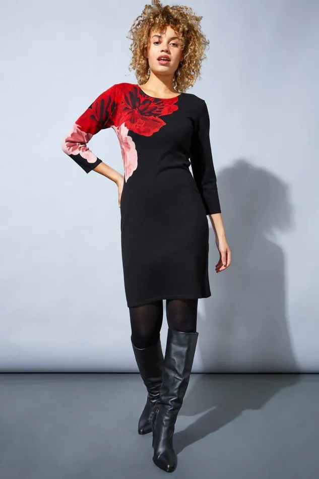 Women Black Floral Print Knitted Dress Roman Dresses