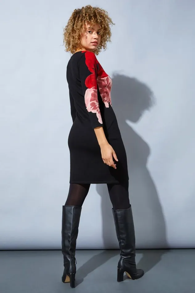 Women Black Floral Print Knitted Dress Roman Dresses