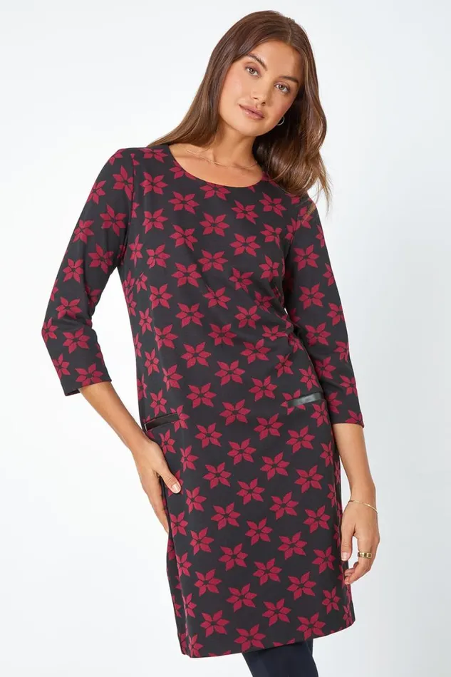 Women Black Floral Print Pocket Shift Stretch Dress Roman Dresses