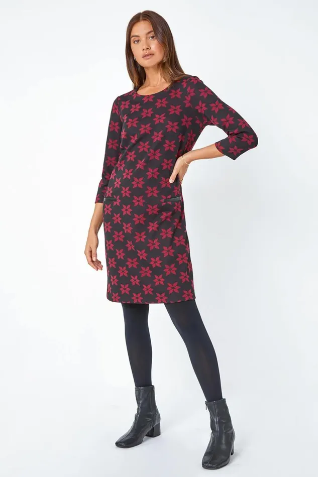 Women Black Floral Print Pocket Shift Stretch Dress Roman Dresses
