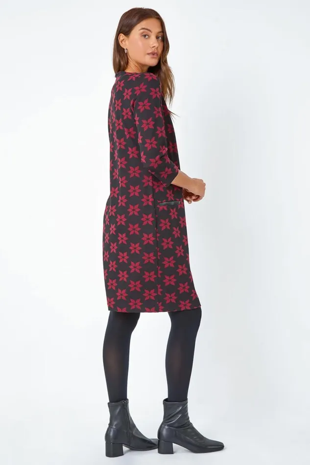 Women Black Floral Print Pocket Shift Stretch Dress Roman Dresses