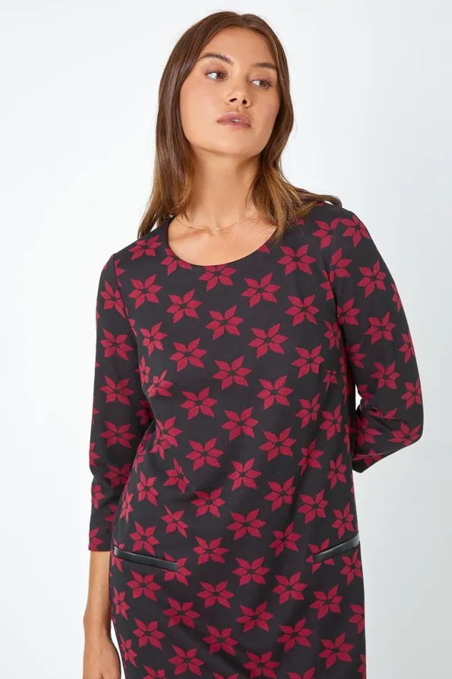 Women Black Floral Print Pocket Shift Stretch Dress Roman Dresses